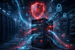 Cybersecurity illustration of an email server under attack with a red critical alert shield, representing the FortiMail zero-day vulnerability