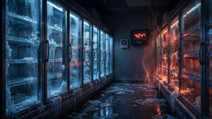 Melting supermarket freezer aisle with thermostat showing high temperature after the October 2026 French refrigeration cyberattack