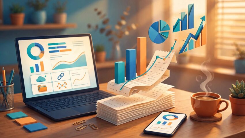 Small business desk with laptop showing Gemini business hub dashboard, financial charts rising from receipts
