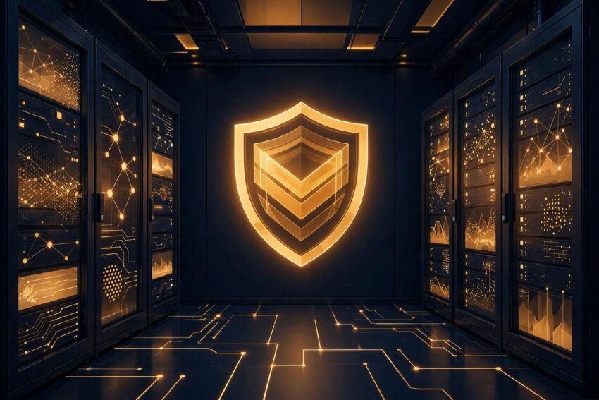 Glowing security shield in a dark server room representing the GitLab CVSS 10.0 vulnerability patch