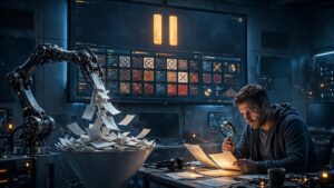 Illustration of a security analyst reviewing bug reports while an AI robot arm floods the desk with automated submissions under a paused bug bounty dashboard