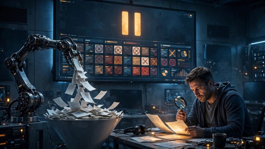 Illustration of a security analyst reviewing bug reports while an AI robot arm floods the desk with automated submissions under a paused bug bounty dashboard