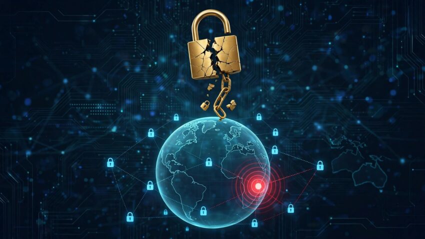 Broken padlock over a globe illustrating the Google HTTPS certificate hijack through compromised .gh, .sl and .as domain registries