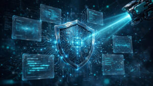 Illustration of an AI security scanner probing web applications, with a glowing shield and circuit patterns