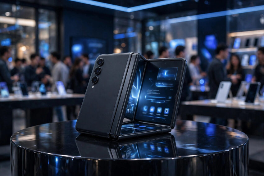 iPhone Duo foldable smartphone on display at a store launch event, on sale October 23 2026