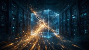 Illustration of a cracked glass cube representing a virtual machine escape, with golden light breaking through in a dark server room