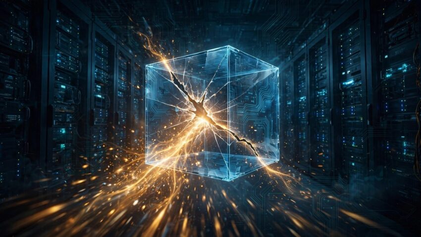 Illustration of a cracked glass cube representing a virtual machine escape, with golden light breaking through in a dark server room