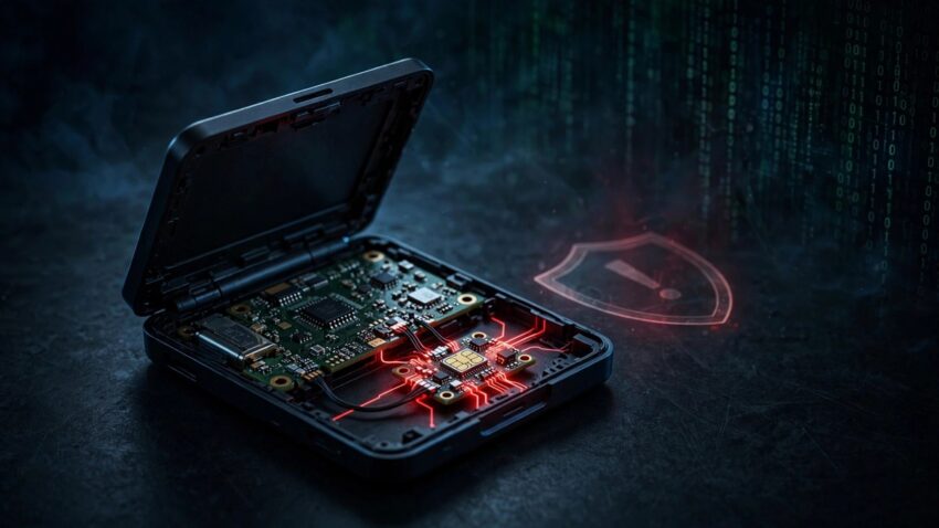 Opened Ledger hardware wallet revealing an unauthorized spy implant, CryptoBilis supply chain breach
