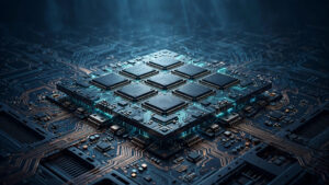 Original illustration of a chiplet-based AI processor in the style of Microsoft's Maia 300 AI chip