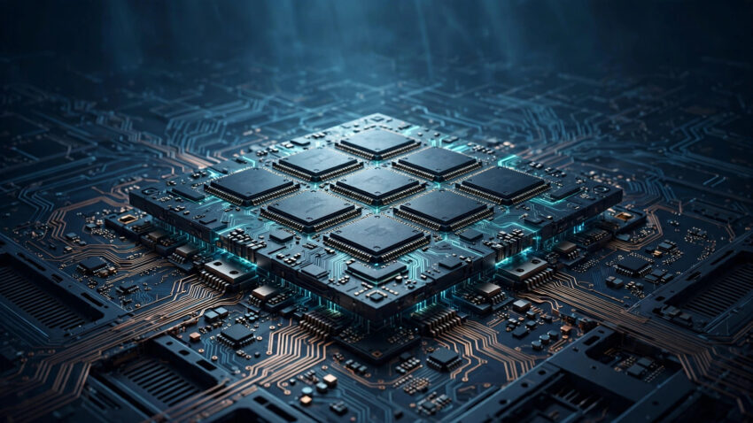 Original illustration of a chiplet-based AI processor in the style of Microsoft's Maia 300 AI chip
