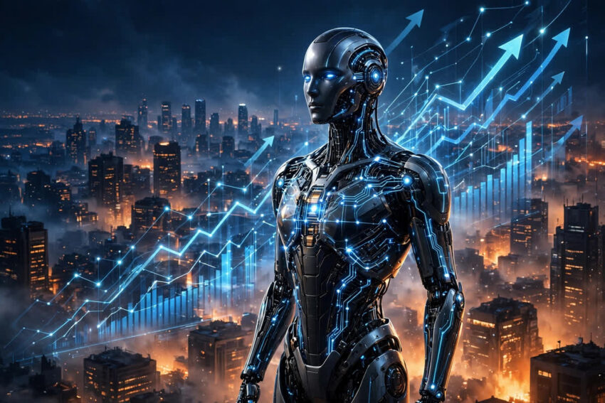 AI robot agent with rising growth charts representing Manus raising over $500 million in funding