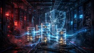 Cracked security shield over database servers, illustrating the Progress MarkLogic vulnerabilities.