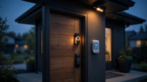 Smart video doorbell, deadbolt lock, thermostat and security camera on a modern home at dusk, illustrating the reported Apple and LG smart home lineup