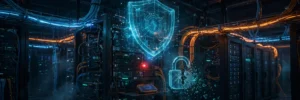 Security operations center illustration with a holographic shield over server racks and a broken padlock, representing the Citrix NetScaler SAML zero-day vulnerability CVE-2026-88779