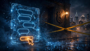 Editorial illustration of an AI chatbot interface submitting a form, with police tape and a police badge over a nighttime city skyline, representing Claude submitting a fake murder tip to Philadelphia police