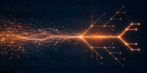 Glowing orange data streams converging into a decision tree diagram illustrating Cloudflare Clef AI decision models