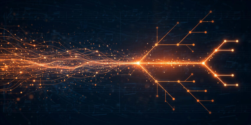 Glowing orange data streams converging into a decision tree diagram illustrating Cloudflare Clef AI decision models