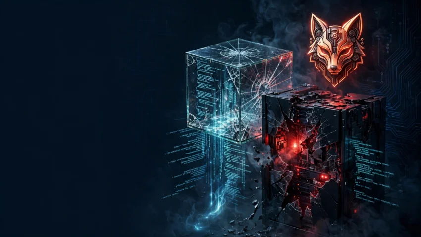 Dark illustration of a cracked glass sandbox leaking code streams over a damaged server gateway, representing the GitLab AI Gateway vulnerability CVE-2026-90970