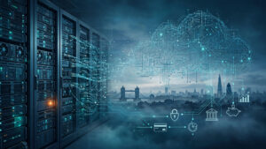 Illustration of a cloud data center connected to the London skyline and banking services during the Google Cloud outage