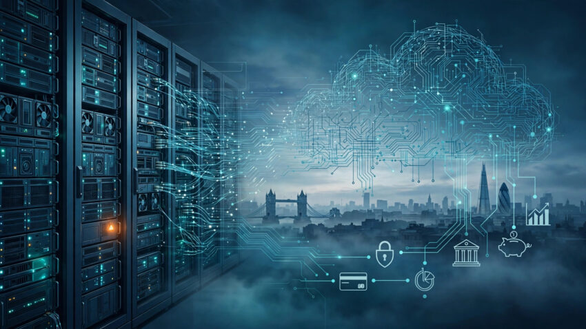 Illustration of a cloud data center connected to the London skyline and banking services during the Google Cloud outage