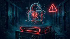 Illustration of a cracked padlock above a VPN gateway appliance with a red warning sign, representing the Ivanti Connect Secure zero-day vulnerability