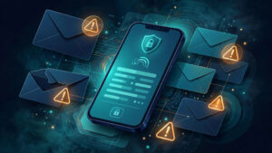 Illustration of a smartphone banking app surrounded by email envelopes with security warning icons, representing the Revolut data breach