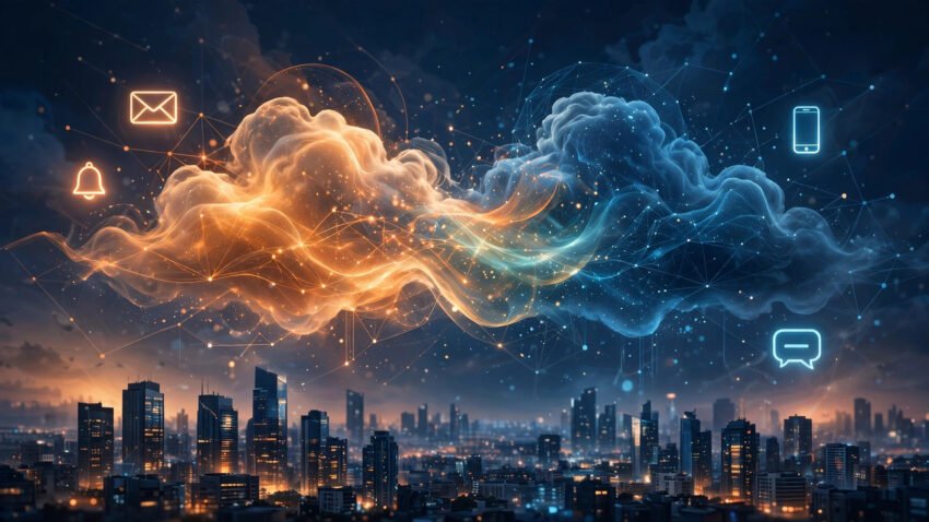 Illustration of two merging clouds over a city skyline representing the Salesforce acquisition of Braze customer engagement platform