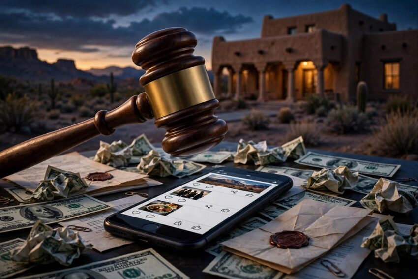 Gavel and smartphone with social media feed over dollar bills in front of a New Mexico courthouse, illustrating Meta's $25 billion privacy penalty