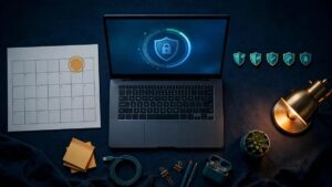 Laptop showing a security update shield beside a calendar and patch icons for Microsoft October 2026 Patch Tuesday
