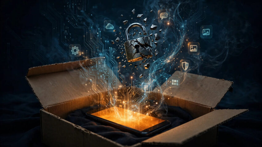Midnight Mimosa malware illustration: smartphone with circuit traces in shipping box