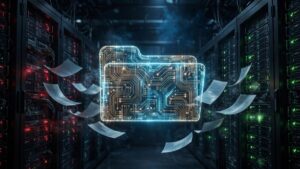 Digital illustration of a secure file transfer server with documents moving between protected servers