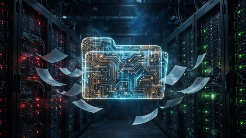Digital illustration of a secure file transfer server with documents moving between protected servers