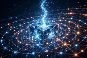 Illustration of Meta Muse Spark Open, a glowing spark rising from an open cube surrounded by a neural network