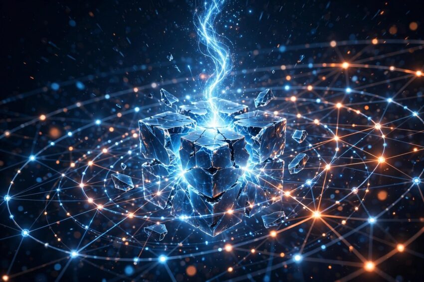 Illustration of Meta Muse Spark Open, a glowing spark rising from an open cube surrounded by a neural network