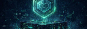 Illustration of a glowing hexagonal shield protecting server infrastructure, representing the Node.js October 2026 security update