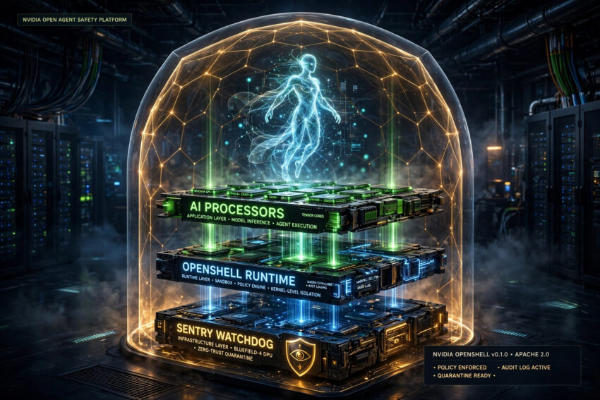Illustration of NVIDIA OpenShell AI agent safety architecture showing three stacked hardware layers with an AI agent contained in a glowing security dome inside a data center.