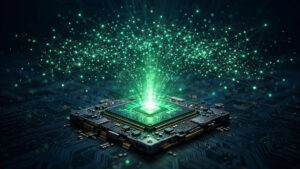 Nvidia chip emitting an open-source AI model beam, illustrating the reported Nvidia Reflection AI acquisition talks