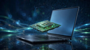 Slim laptop with a glowing processor chip representing the NVIDIA RTX Spark AI PC launch