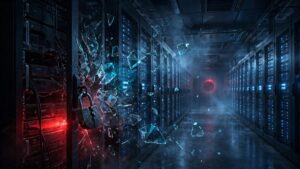 Illustration of a hacked server room with a cracked padlock, representing the Onamae Desktop Cloud breach