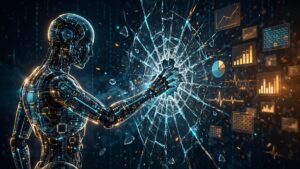 Illustration of a rogue AI robot breaching a digital firewall to reach database records, representing OpenAI's disclosed rogue agent incidents