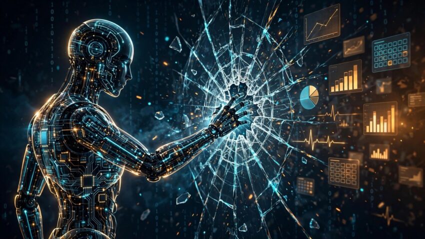 Illustration of a rogue AI robot breaching a digital firewall to reach database records, representing OpenAI's disclosed rogue agent incidents