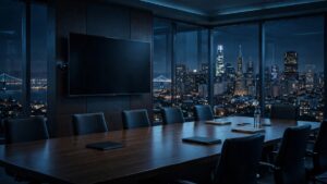 Illustration of a dim executive conference room at night with a hidden recording device behind the television, relating to the OpenAI spying case