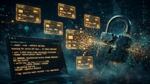 OpenCode Console breach illustration showing API key cards leaking from a broken padlock with a terminal security warning