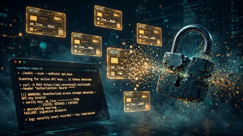 OpenCode Console breach illustration showing API key cards leaking from a broken padlock with a terminal security warning