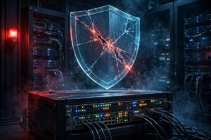 Illustration of a cracked security shield over a network firewall appliance, symbolizing the Palo Alto Networks PAN-OS zero-day vulnerability