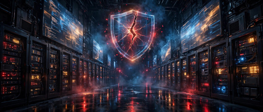 Cracked security shield glowing over a dark server data center corridor, illustrating the critical PHP remote code execution vulnerabilities dubbed PHP2Shell