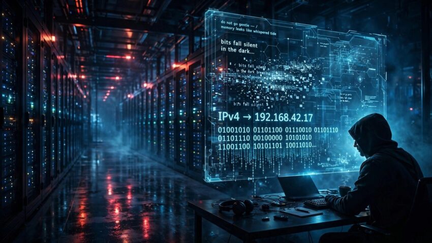 PoeLLM malware illustration showing a GitHub poem dissolving into an IPv4 command-and-control address inside a dark data center.