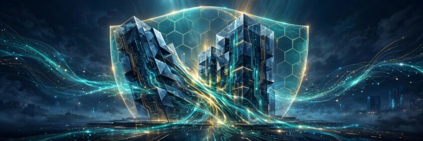 Illustration of two merging corporate towers protected by a cybersecurity shield dome, representing the Proofpoint acquisition of Varonis.