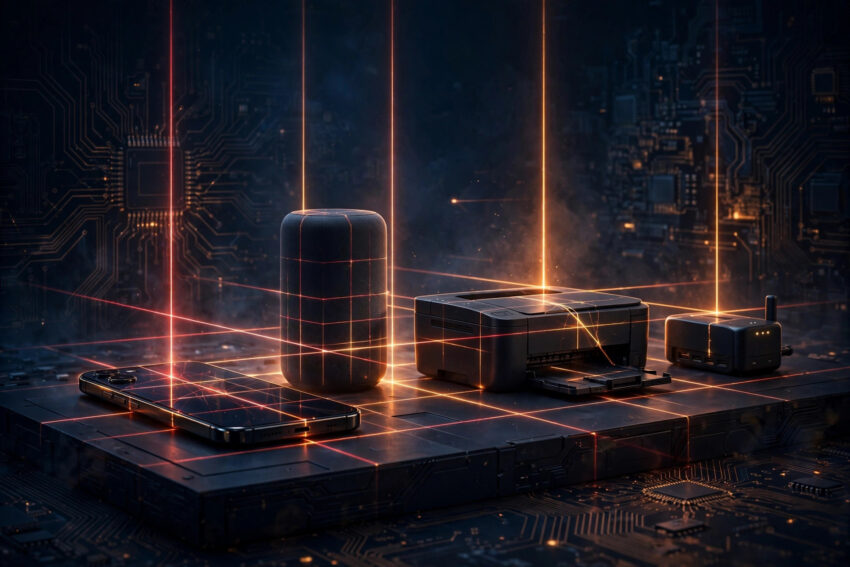Pwn2Own Ireland 2026 illustration: smartphone, smart speaker, printer and smart home hub under security scan lines