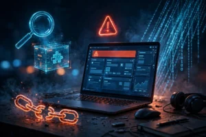 Security illustration showing a laptop with warning dashboard, broken chain link and magnifying glass representing the Rank Math SEO PRO malware supply-chain compromise